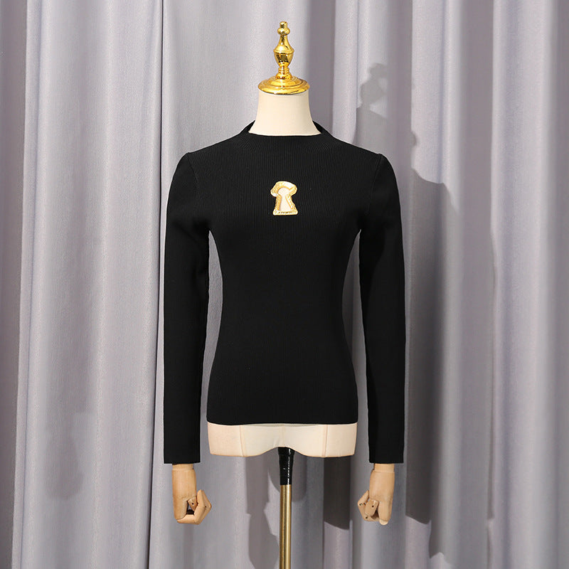 Women's Style High-grade Autumn Temperament Crew Neck Metal Decorative Long-sleeved Blouses