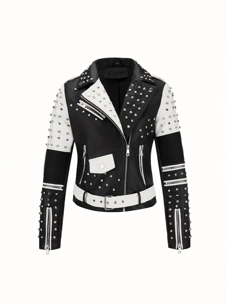 White Contrast Color Rivets Leather Metal Jackets