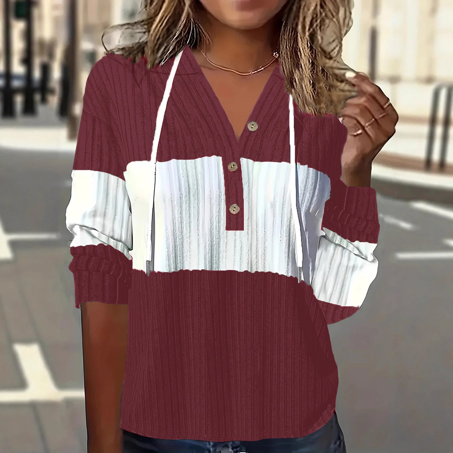 Women's Patchwork Easy Cap Long-sleeved T-shirt Tops