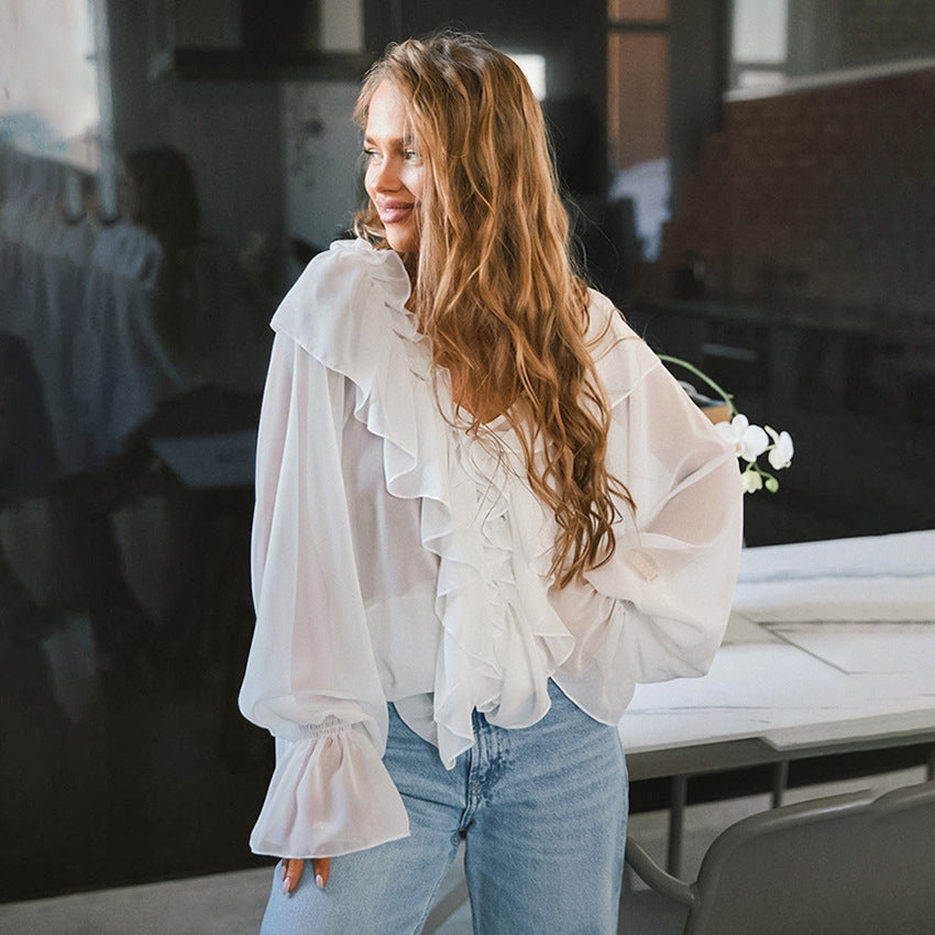 Women's Ruffled White Chiffon Shirt Loose Temperament Flying Blouses