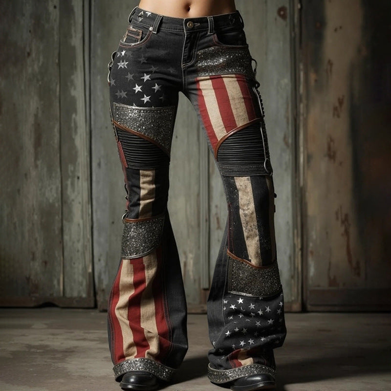Women's Digital Printing Fashion Slimming Denim Bell-bottom Jumpsuits