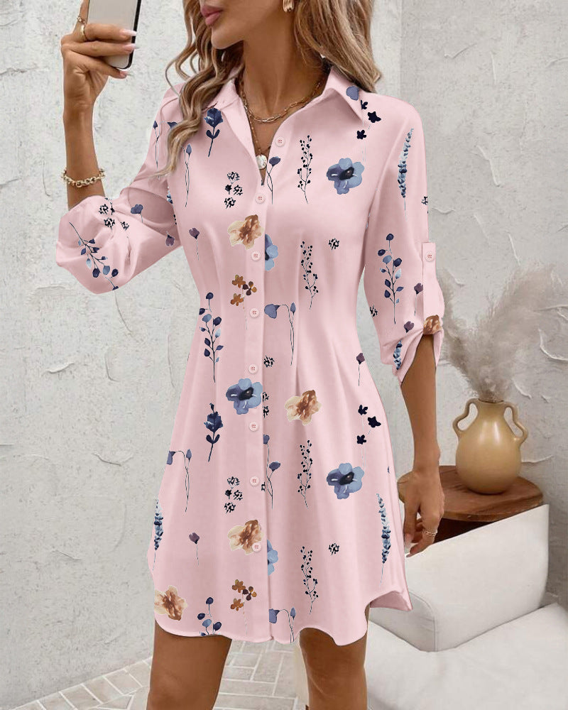 Women's Versatile Commuter Floral Print Shirt Dress Dresses