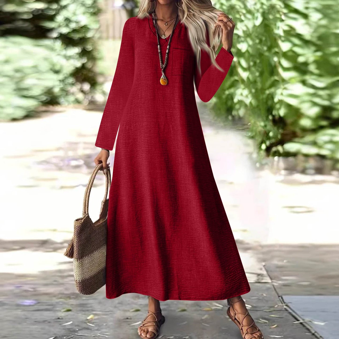 Summer Back Zipper Cotton Linen Solid Color Dress