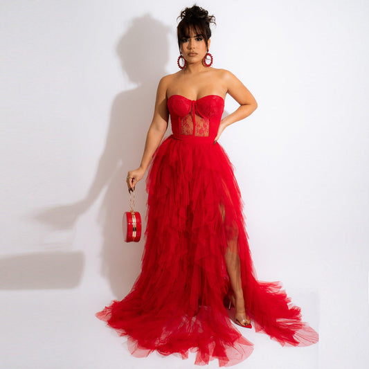 Sexy Mesh Lace Chest Wrap Dress Suits