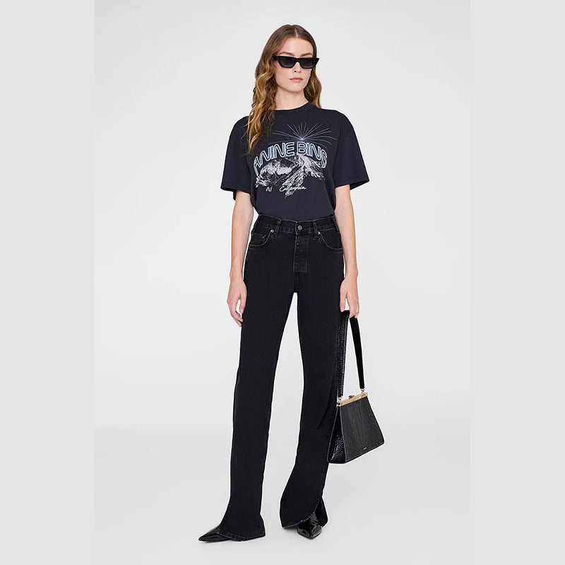 Niche Landscape Letter Print Round Neck Blouses