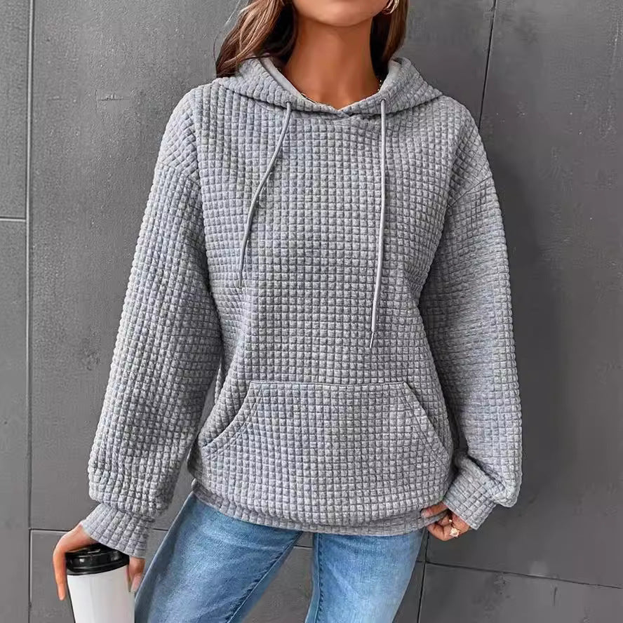 Women's Waffle Round Neck Long-sleeved Solid Color Tops