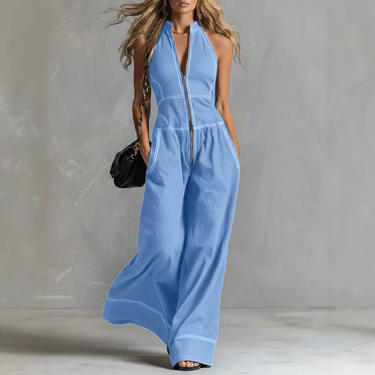 Fashion Monochrome Stand Collar Sleeveless Loose Casual Women's Jumpsuit/clothing