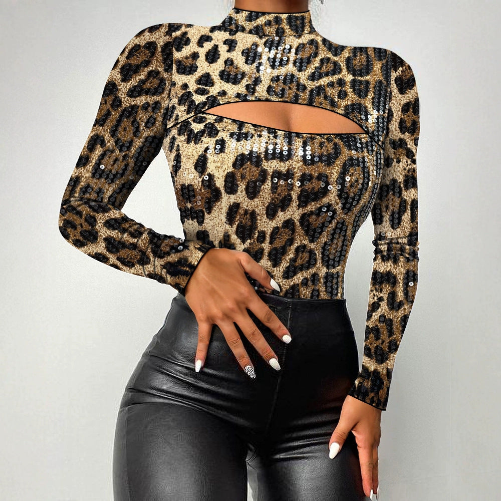 Women's Leopard Print Turtleneck Chest Long Sleeve Jumpsuits