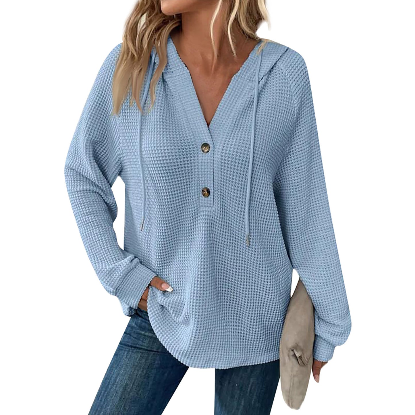 Women's Color Waffle Hooded Button Loose Long Women's Sweater, Sweater