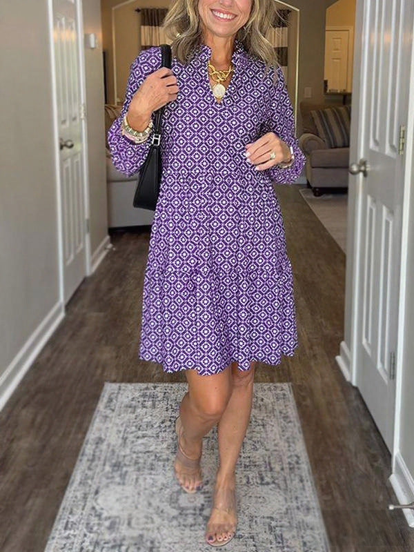 Collar Sleeve Digital Printing Diamond Pattern Dress