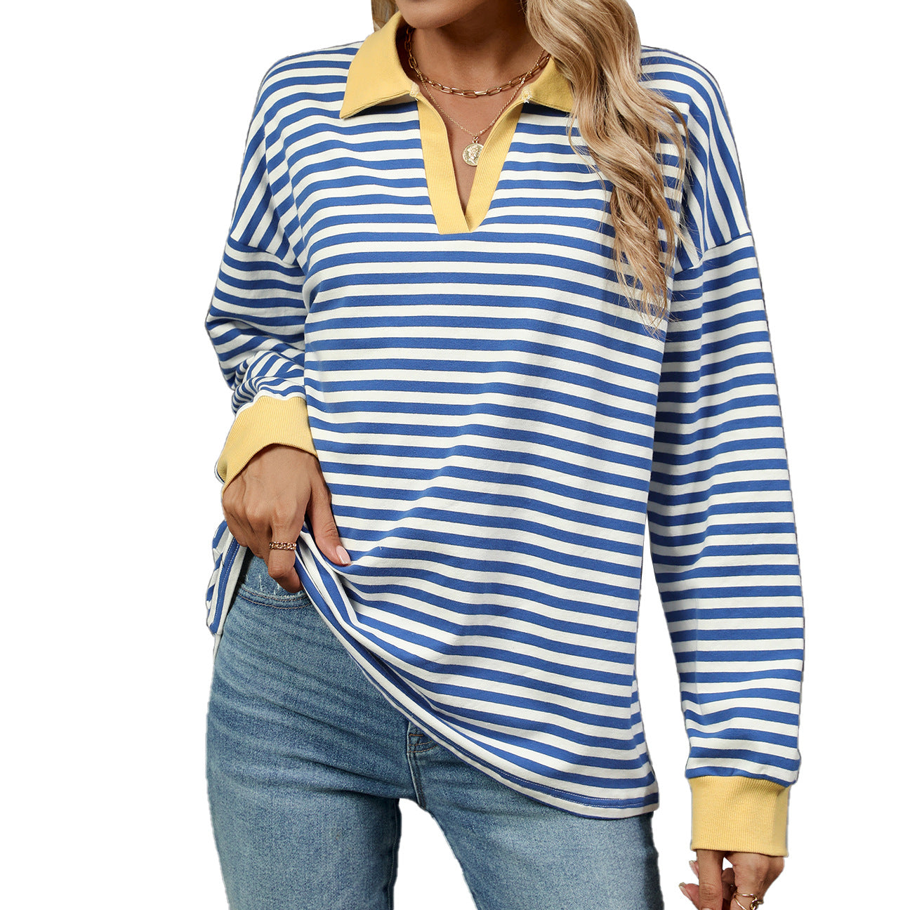 Women's Color Lapels Loose Long Sleeve Striped Women's Sweater, Sweater