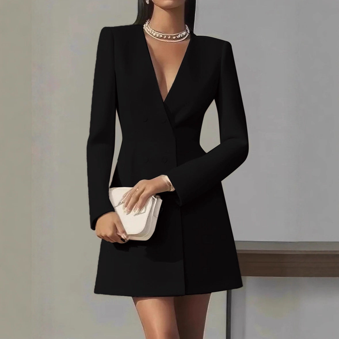 Women's Double Breasted Solid Color French Long-sleeved Dress