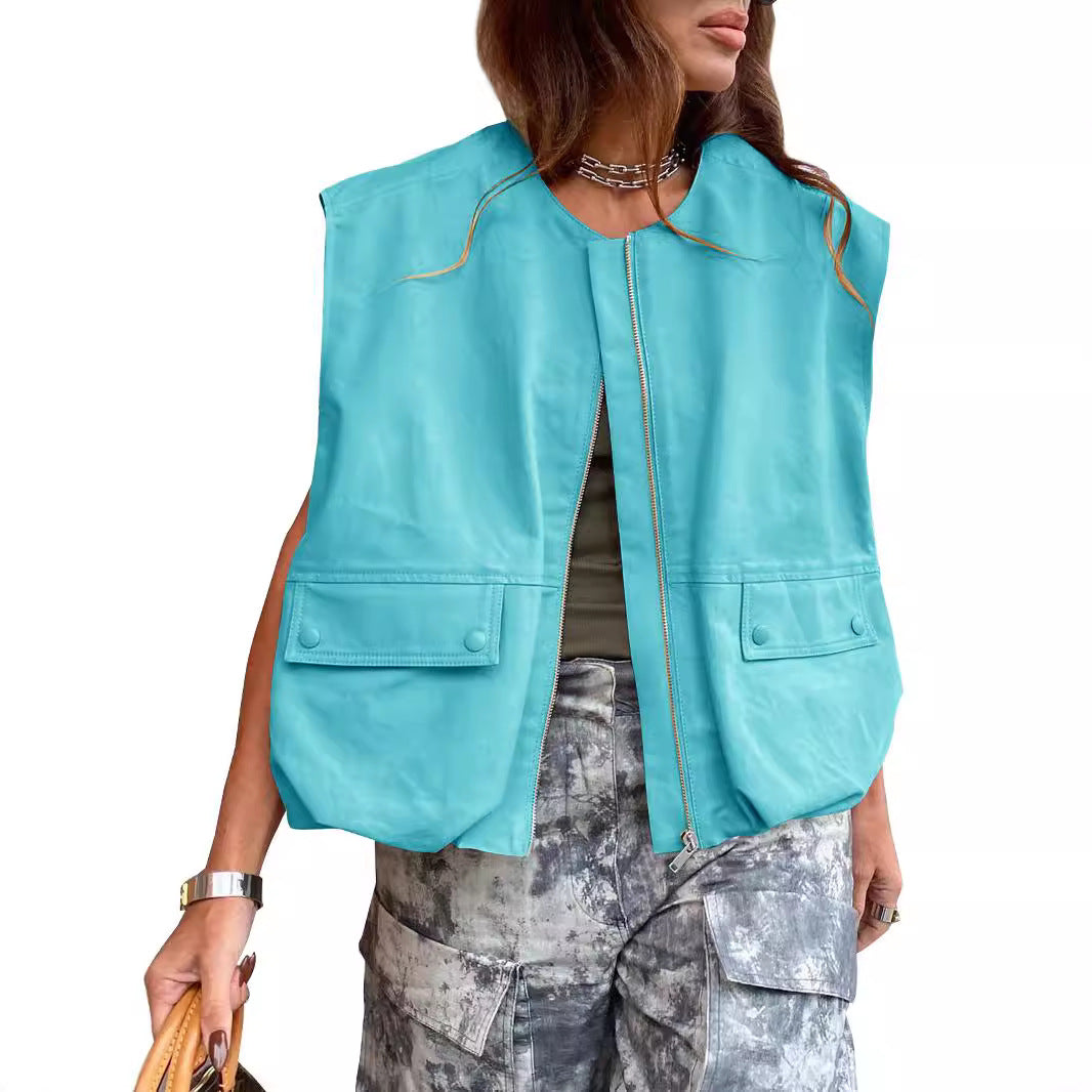 Women's Sleeveless Pocket Loose-fitting Waistcoat Zip Fashion Women's Vest