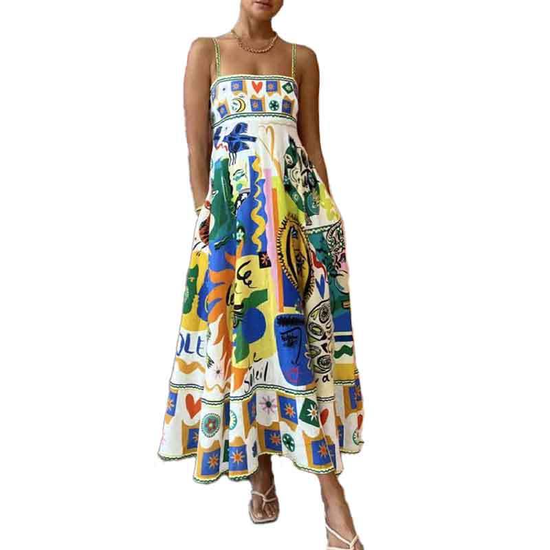 Women's Elegant Painted Print Large Swing Strap High Dress