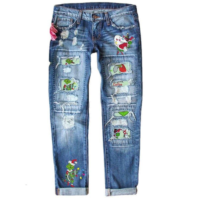 Winter Christmas Red Plaid Printed Ripped Baggy Jeans