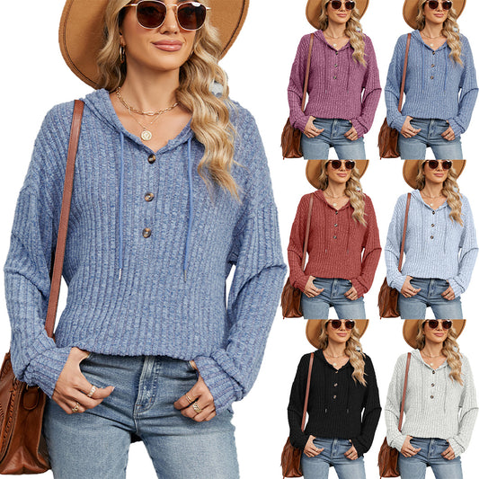 Women's Solid Color Hooded Button Loose Long Women's Sweater, Sweater