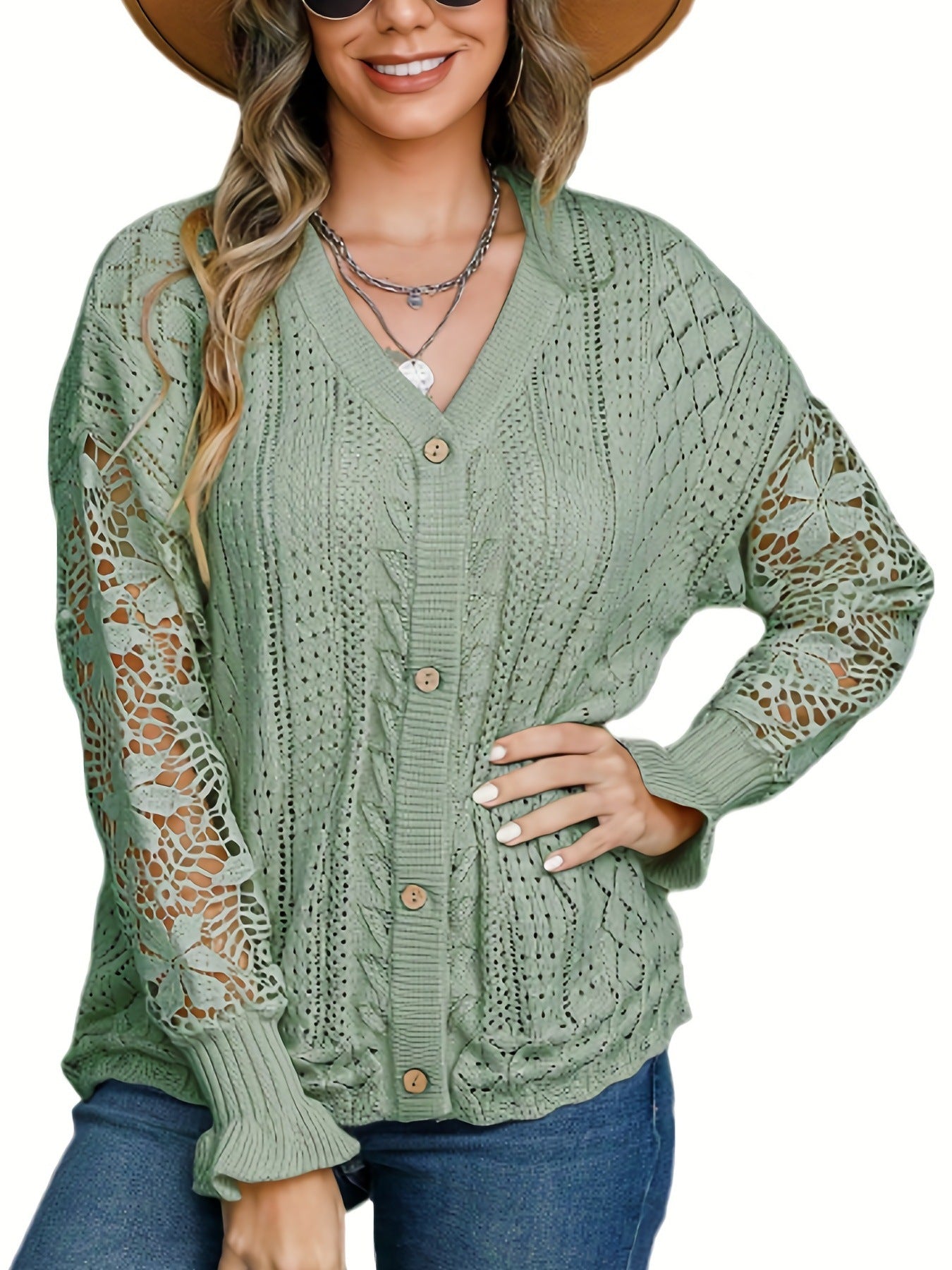 Women's Casual Pure Color Hollow Lace Long Knitwear