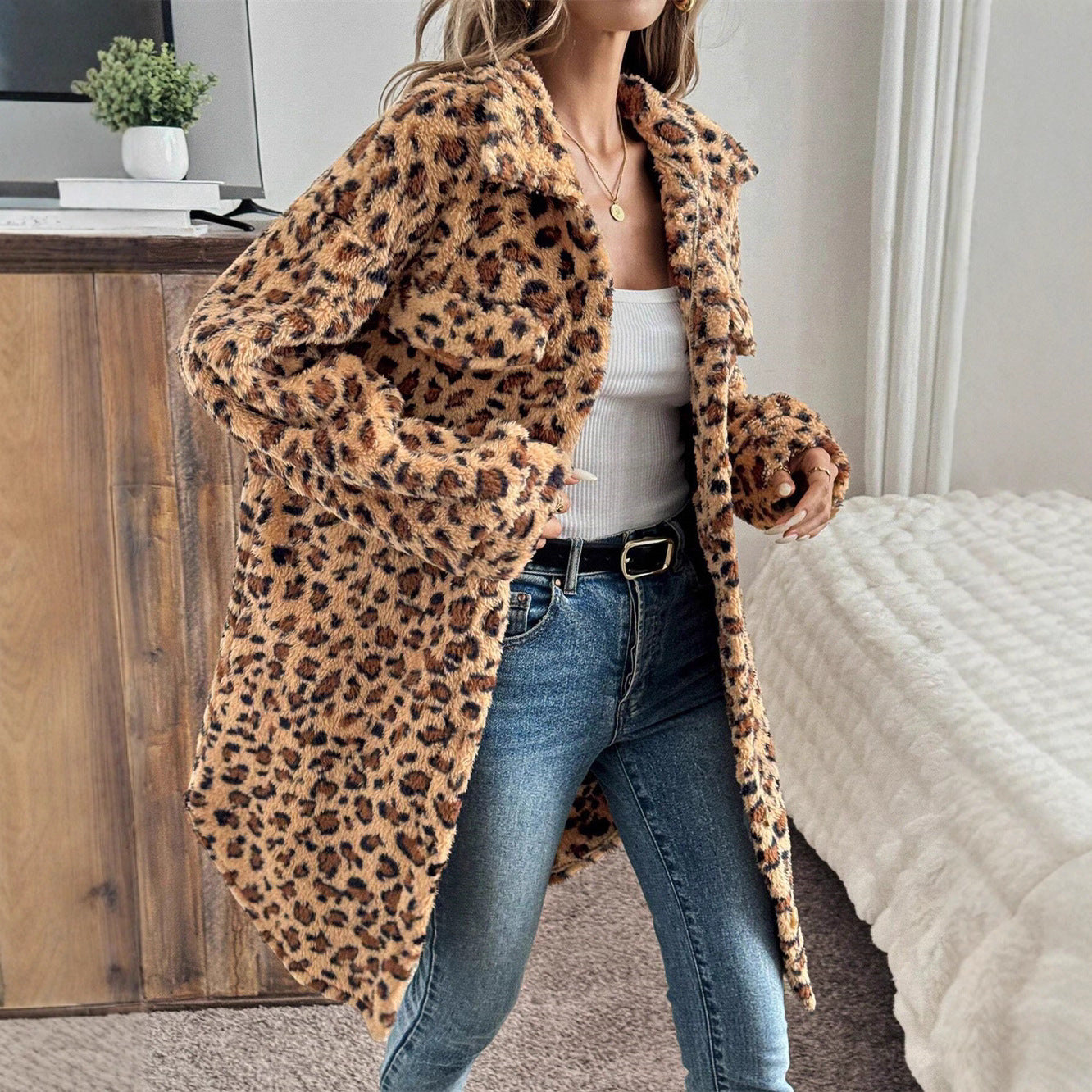 Women's Fashion Loose Casual Mid-length Fur Leopard Coats