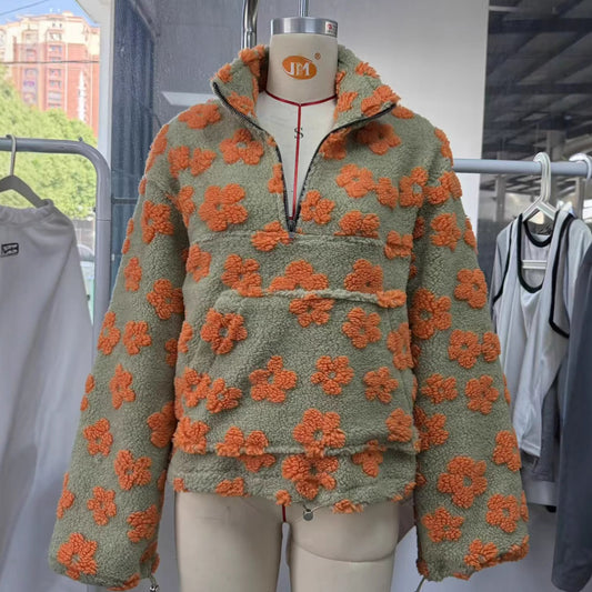 Women's Fashionable Faux Lamb Wool Printed Loose Sweaters