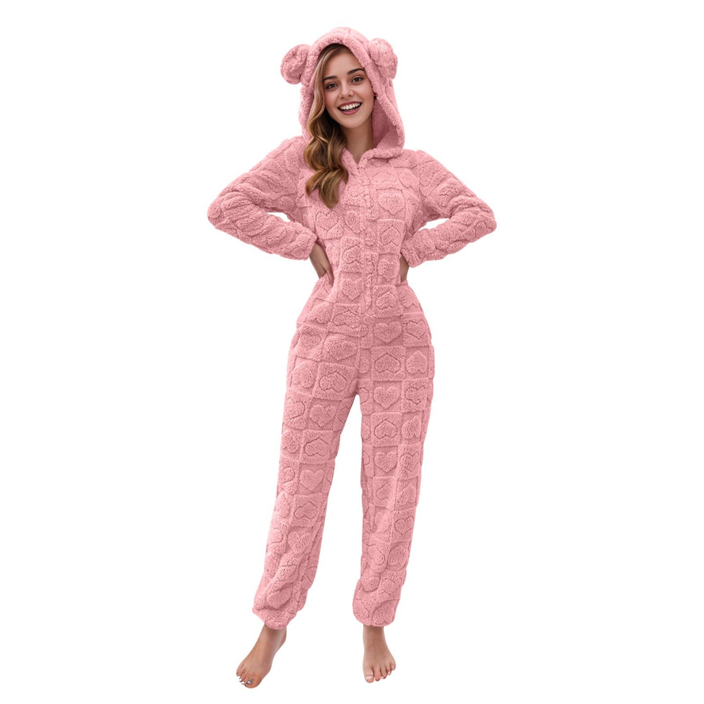 Women's Solid Color Fluff Zipper Hooded Ear Jumpsuits