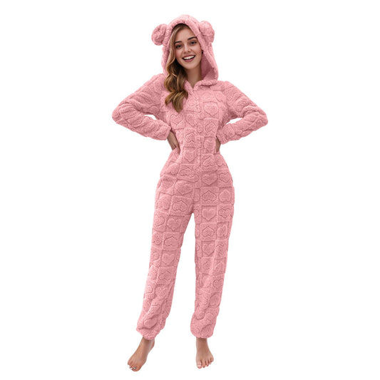 Women's Solid Color Fluff Zipper Hooded Ear Jumpsuits