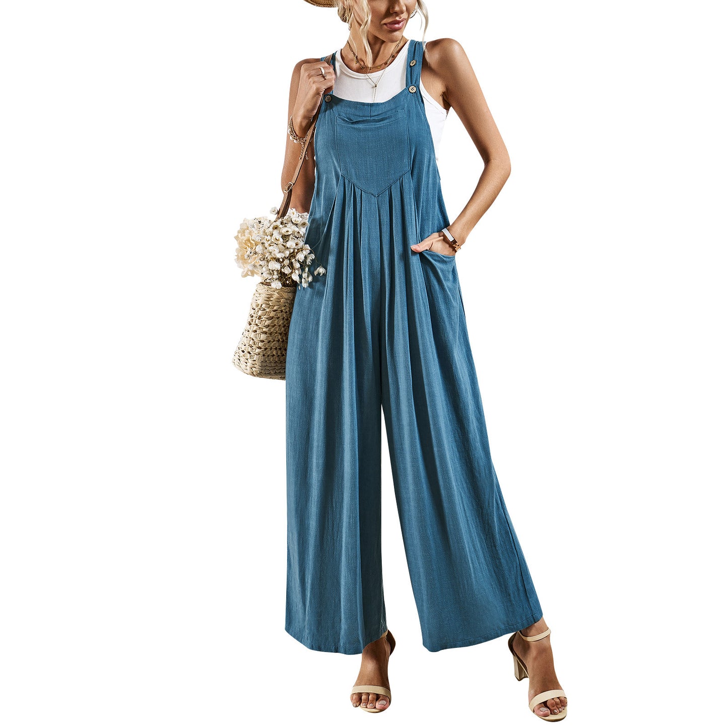 Women's Solid Color Suspender Summer Loose Wide Leg Women's Jumpsuit/clothing