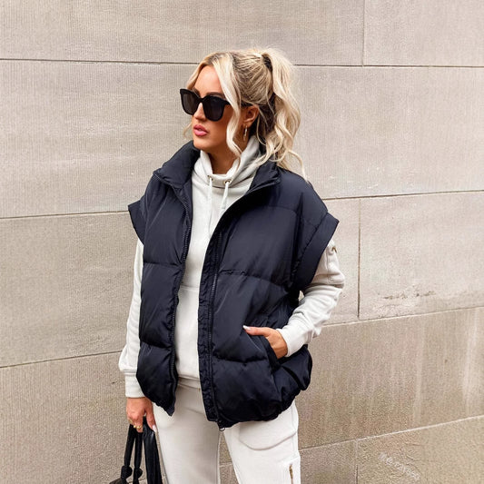 Women's Fashion Solid Color Zipper Pocket Stand-up Vests