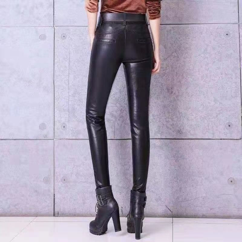 Women's Leather Outer Perforating Fleece-lined Thickened Elastic Pants