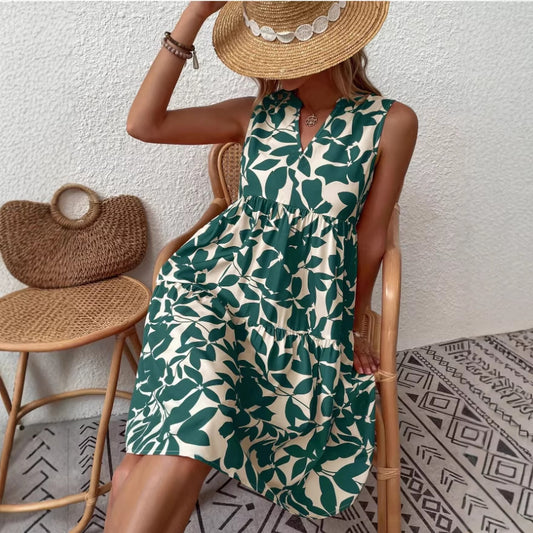 Women's Summer Bohemian Fashion Loose Pleated Sleeveless Printed Vests