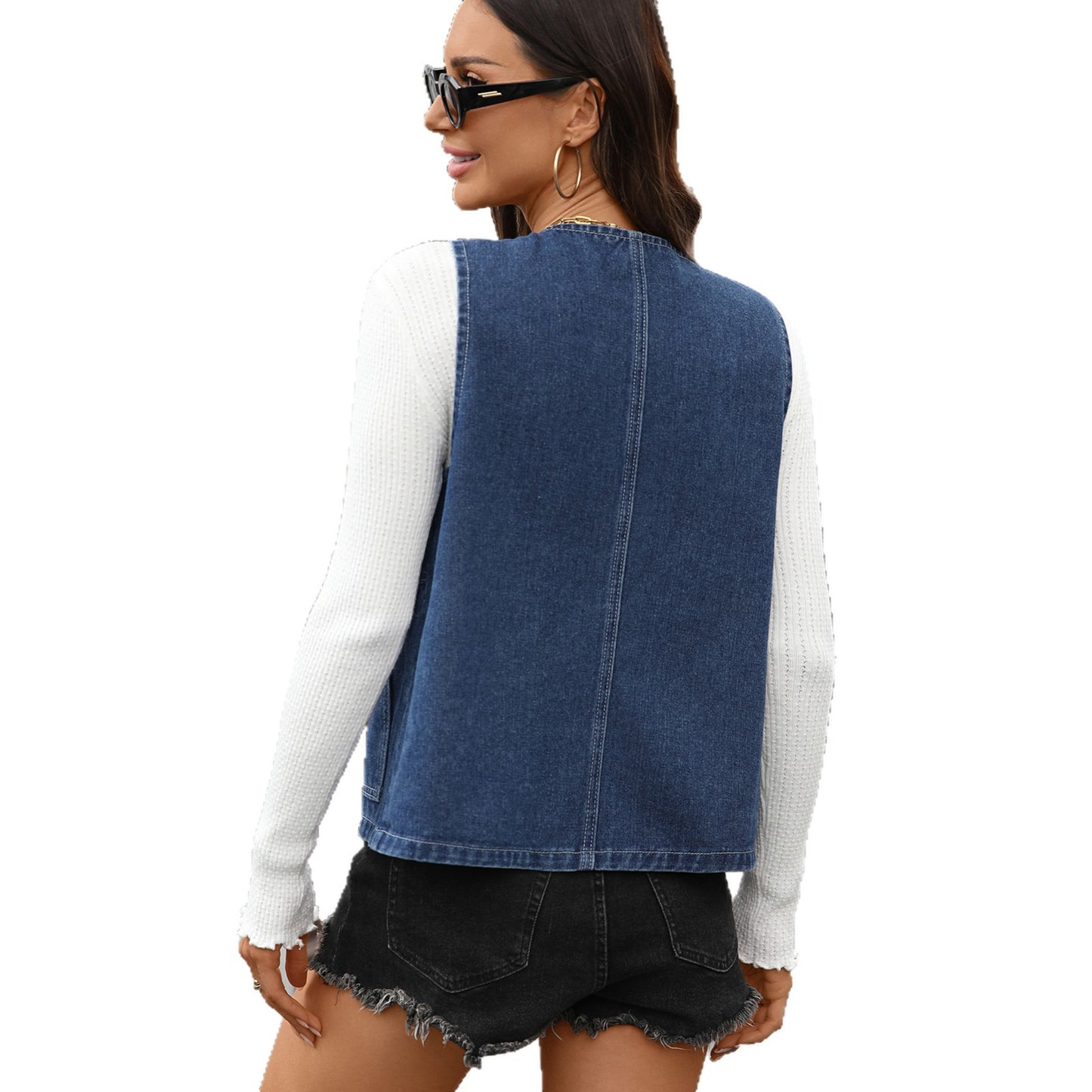 Women's Western Style Fashionable Tooling Design Sense Denim Waistcoat Coats