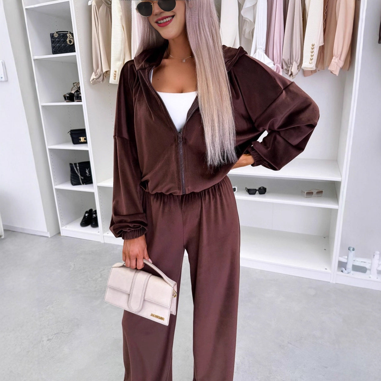 Fall Fashion Zipper Hooded Sport Long Wide Suits