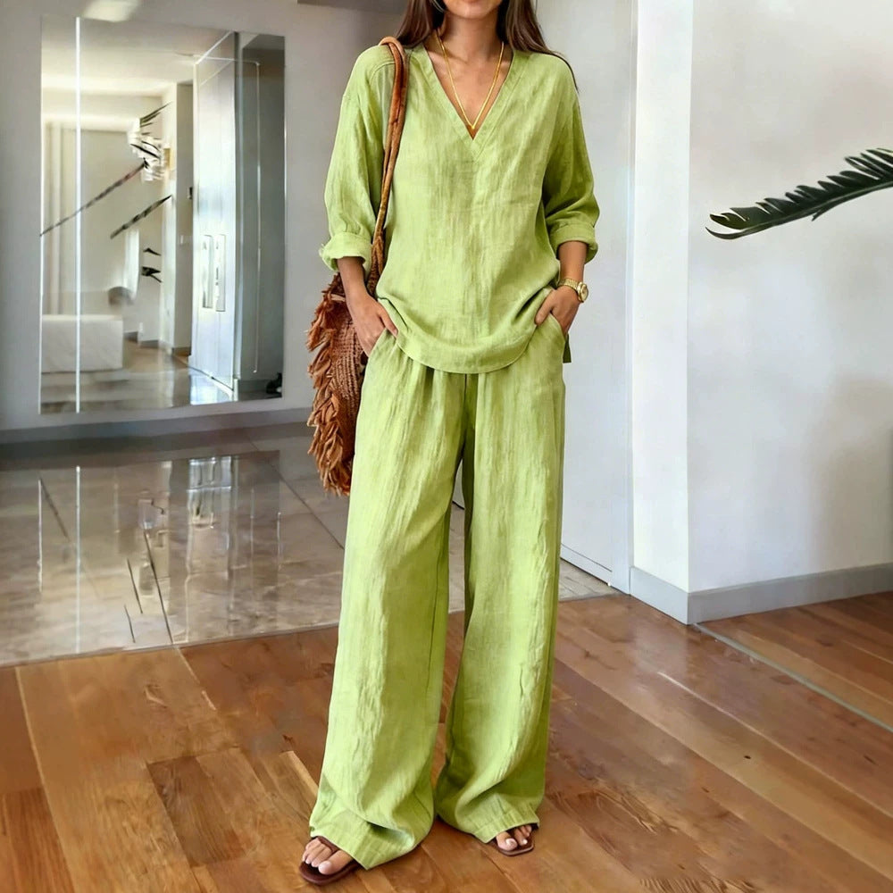 Women's Pullover Long Sleeve Washed Cotton Summer Fashion Casual Suit