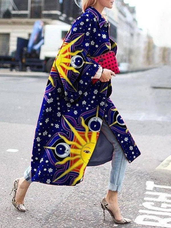Women's Long Bell Sleeve Printed Loose Trench Coats
