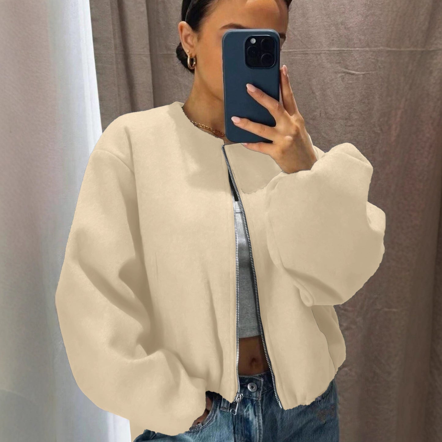 Women's Fashionable Pilot Round Neck Zipper Jackets