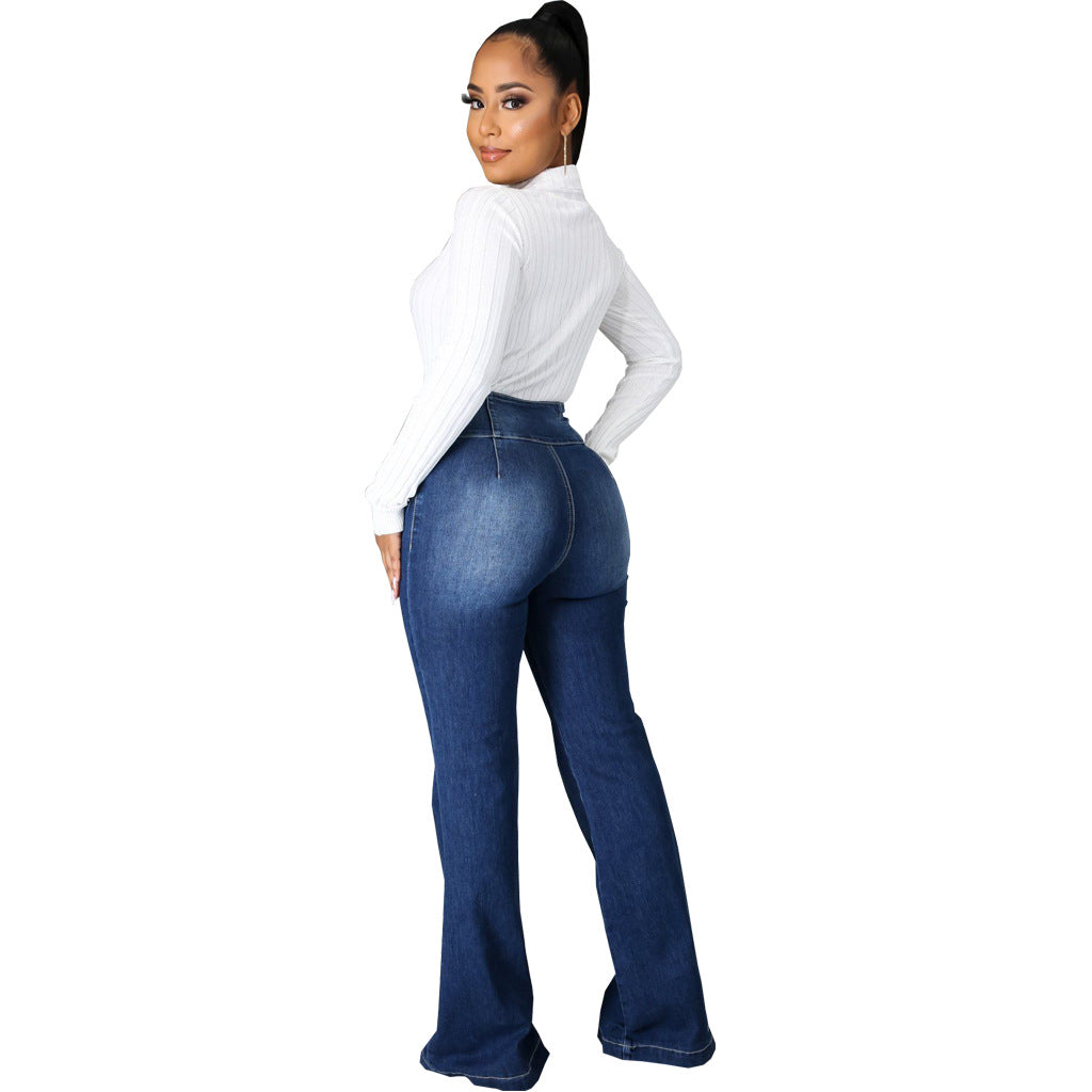 Fashion Trendy Patchwork Washed Denim Stretch Jeans