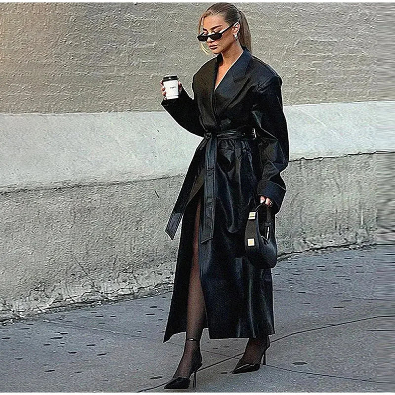 Women's Z Lapel With Belt Long Faux Coats