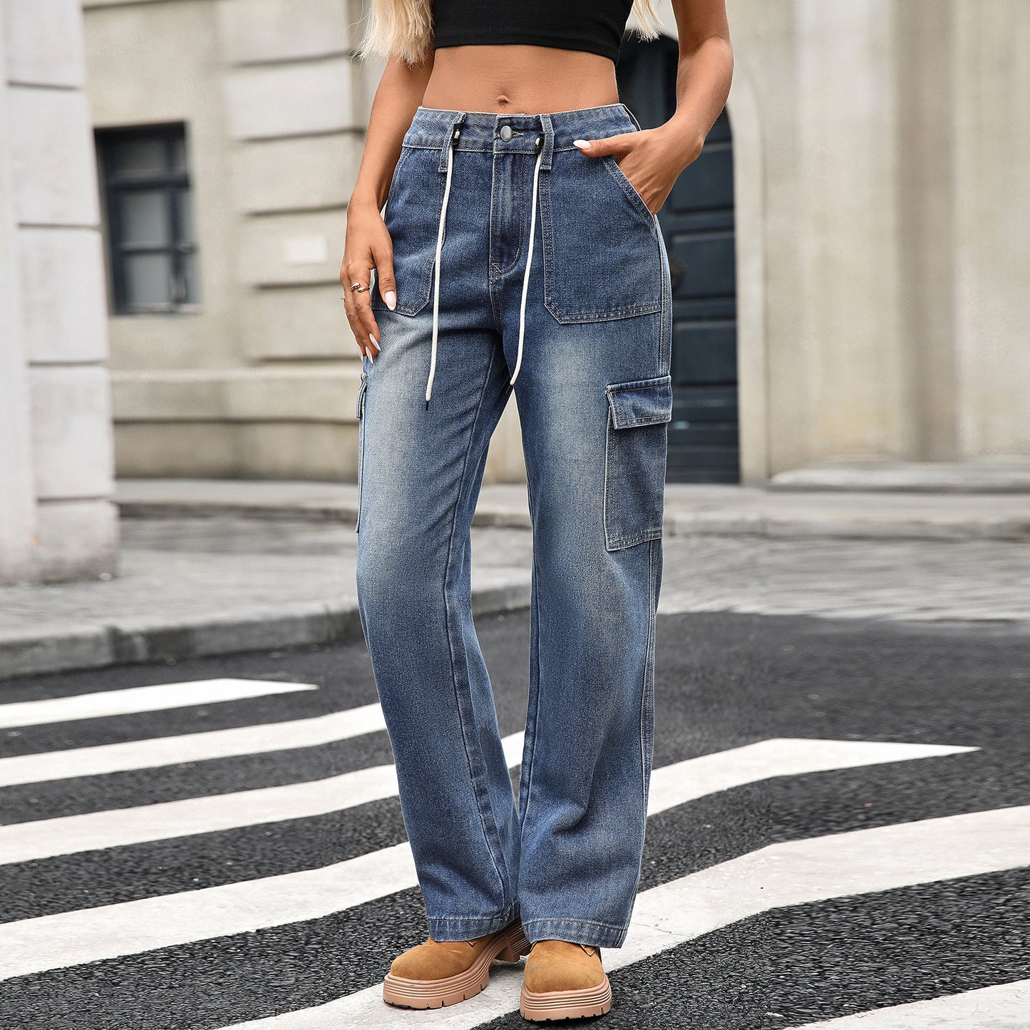 Women's Straight American Casual Lace Up Work Jeans