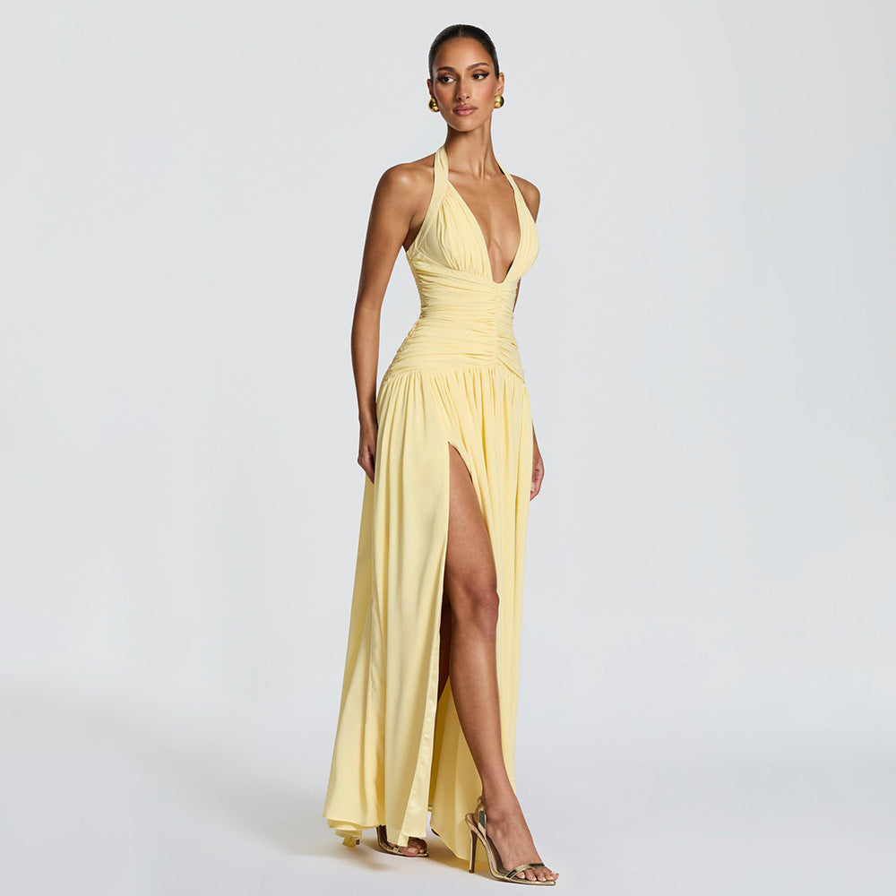 Women's Summer Banquet Style Solid Color Sexy Deep V Halter Backless Dress