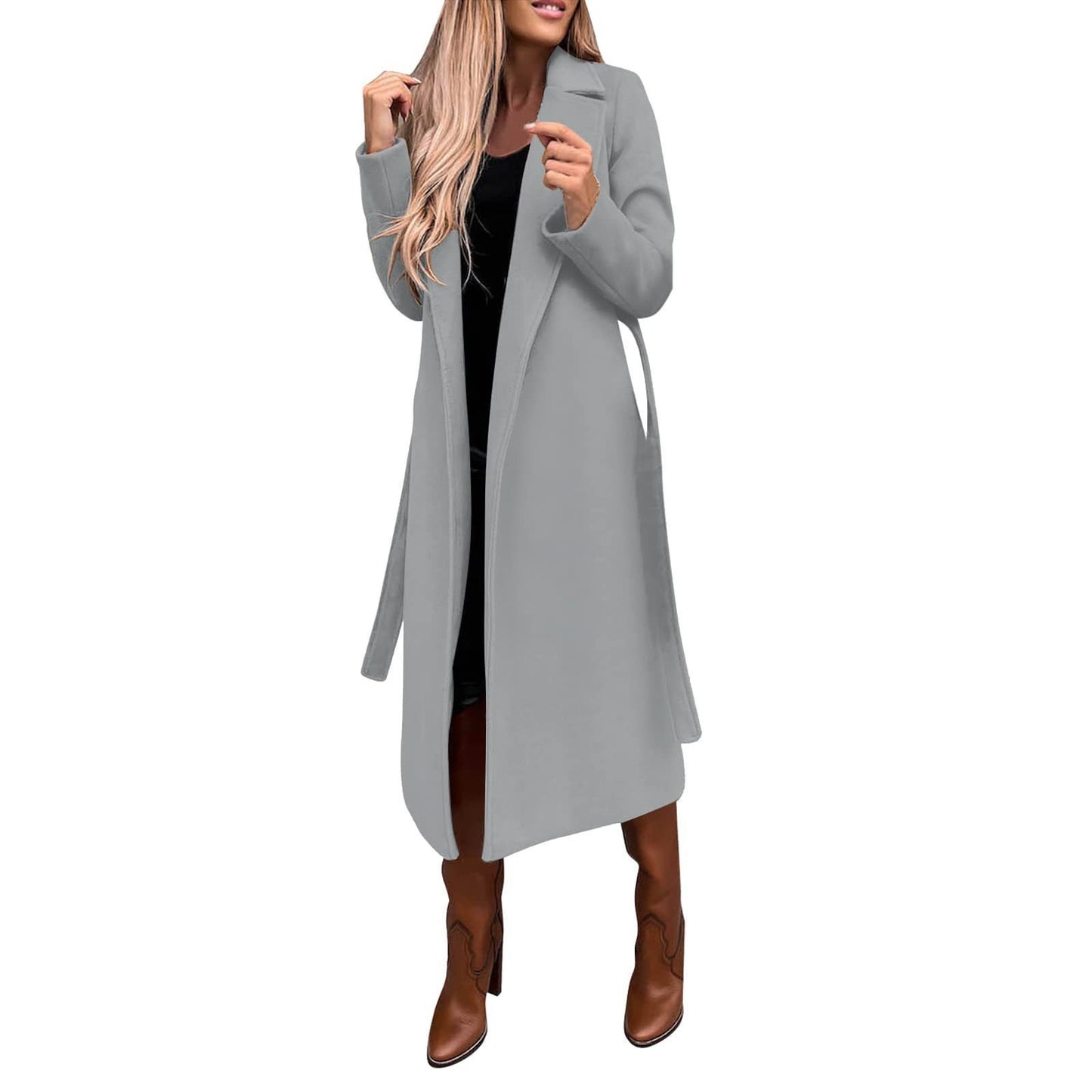 Women's Solid Color Polo Collar Long Sleeve Tied Coats
