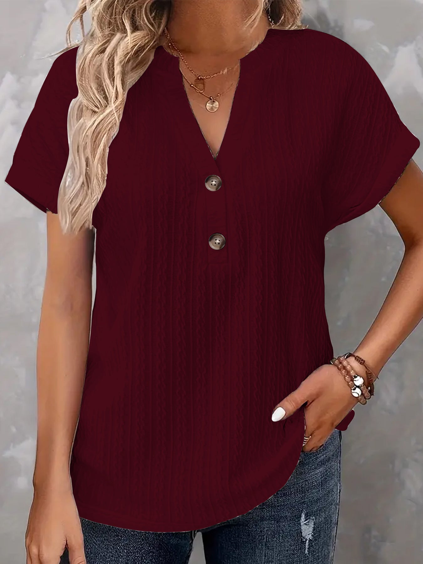 Women's Fashion Casual Solid Color Buttons Women's T-shirt