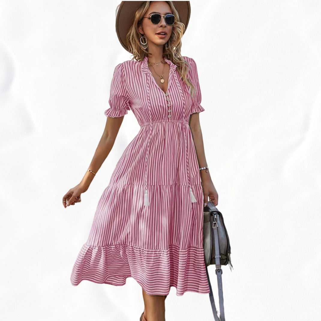Women's Striped Elastic Waist Sleeve Expandable Dress
