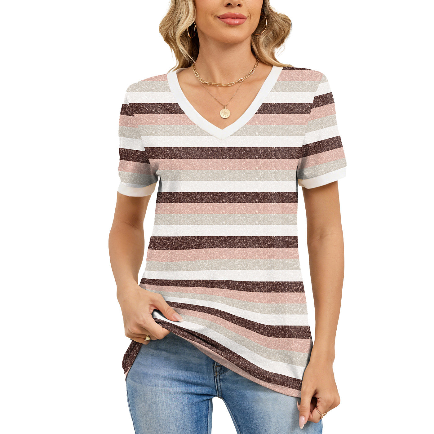 Attractive Striped V Neck Loose Sleeve Shorts