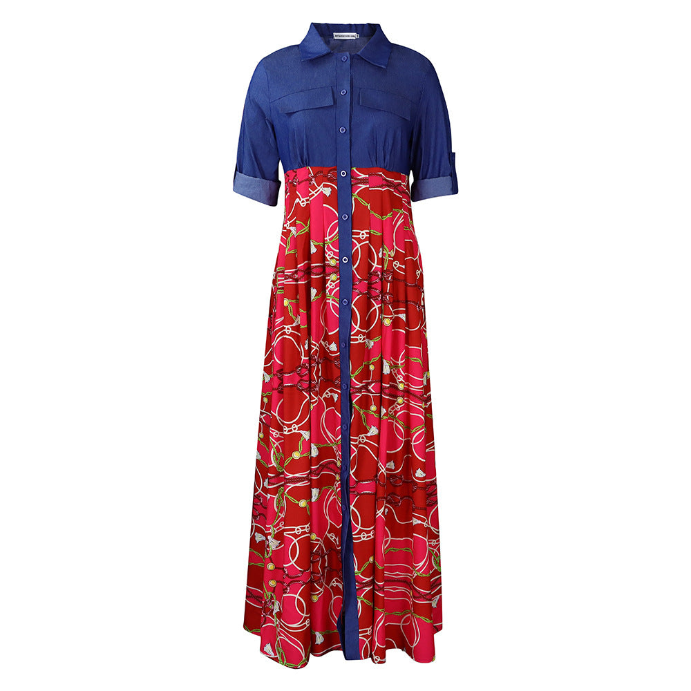 Women's Large Fashion Casual Denim Stitching Printing Dress