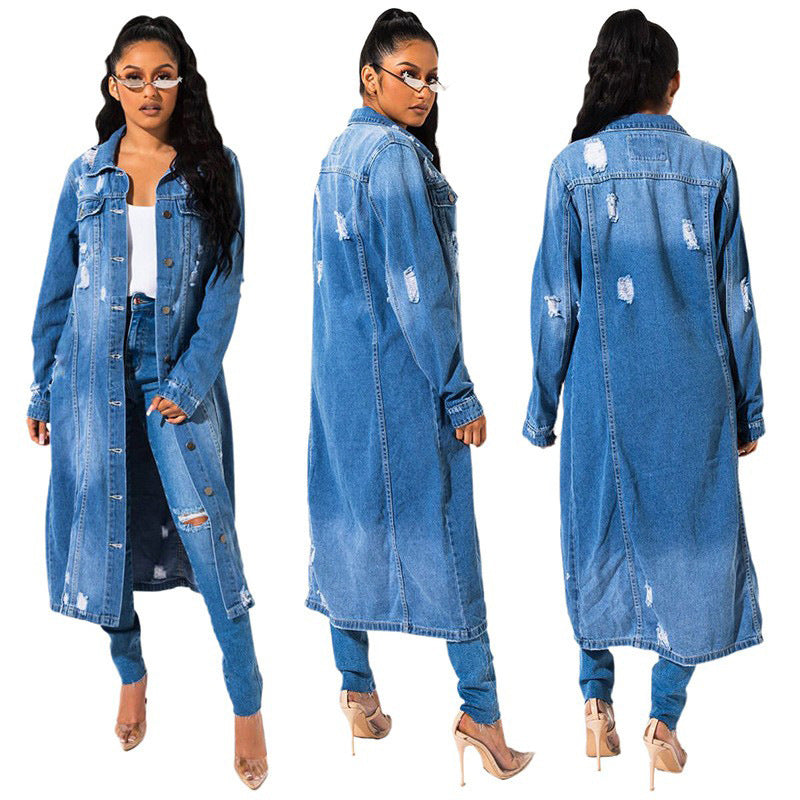 Women's Lapel Style Elegant Denim For Blue Washed Loose Jackets