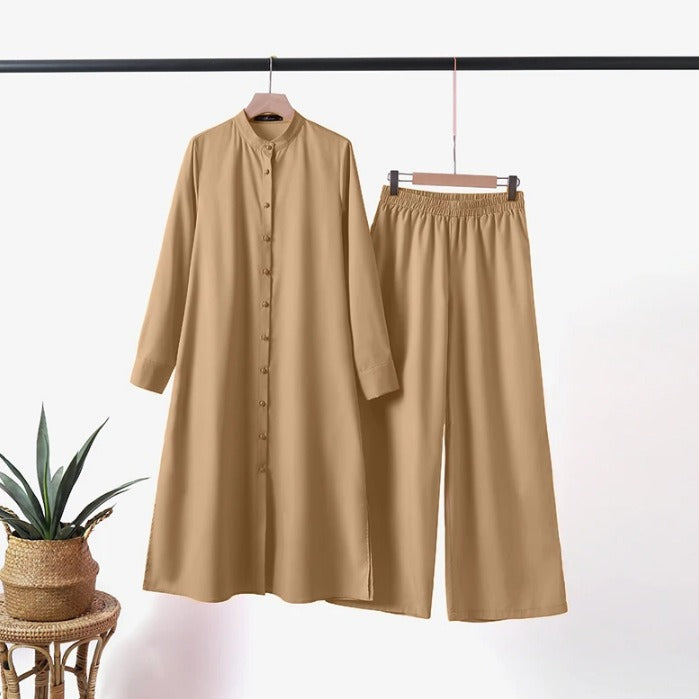 Women's Muslim Two-piece Solid Color Long Sleeve Suits