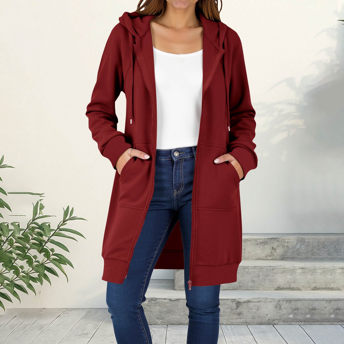 Women's Hooded Solid Color Loose Long Fleece Raglan Women's Sweater, Sweater