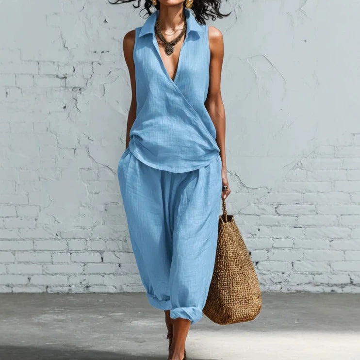 Women's Simple Lapel Shirt Wide Leg Linen Pants