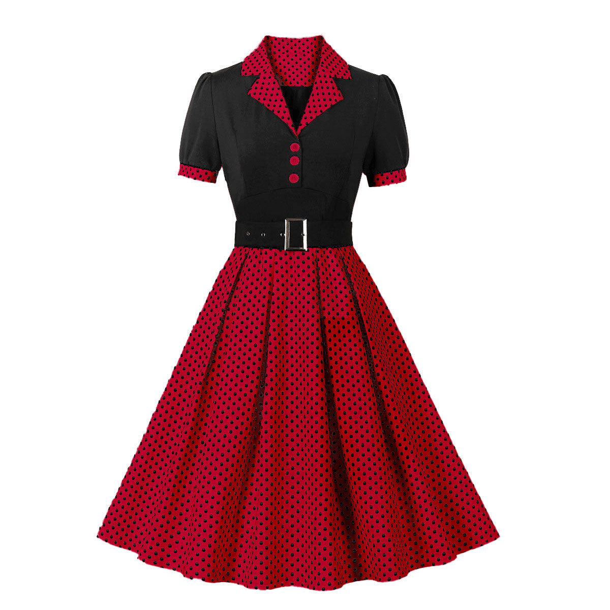 Women's Polka Dot Lapel Sleeve Belt Slim Dresses