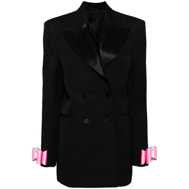 Fashion Double Breasted Satin Collar Bow Small Suit