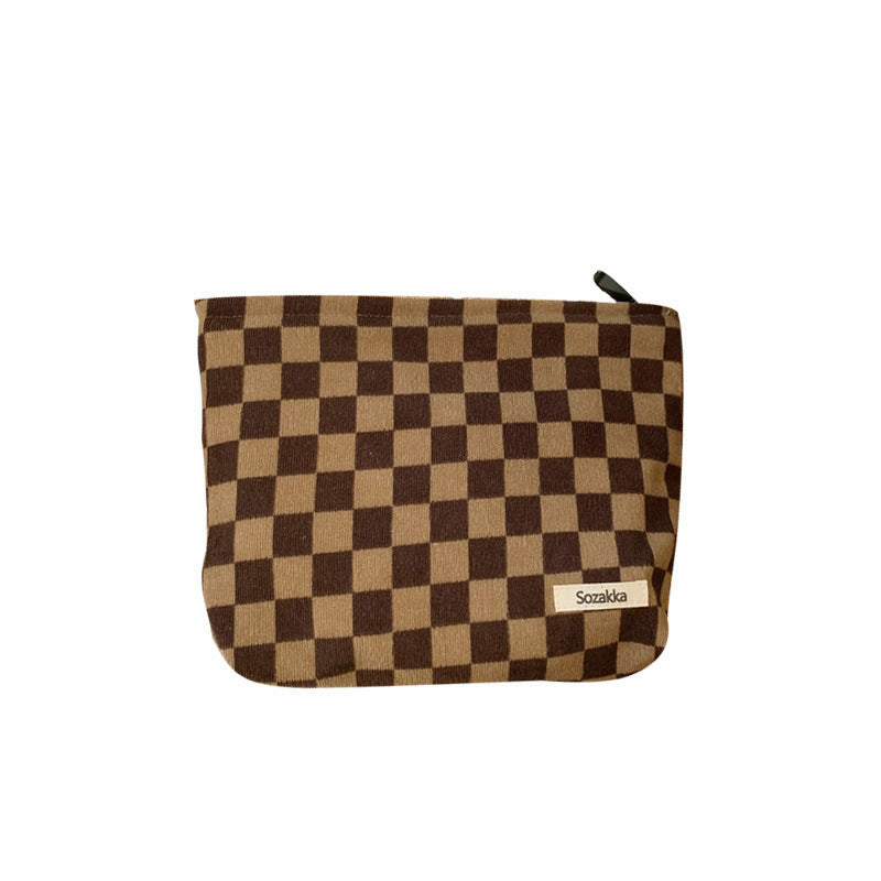 Women's Portable Corduroy Chessboard Grid Clutch Toiletries Bags